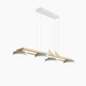 Sienna Bird Long Chandelier overhead studio view with wooden frame and four LED heads in warm light