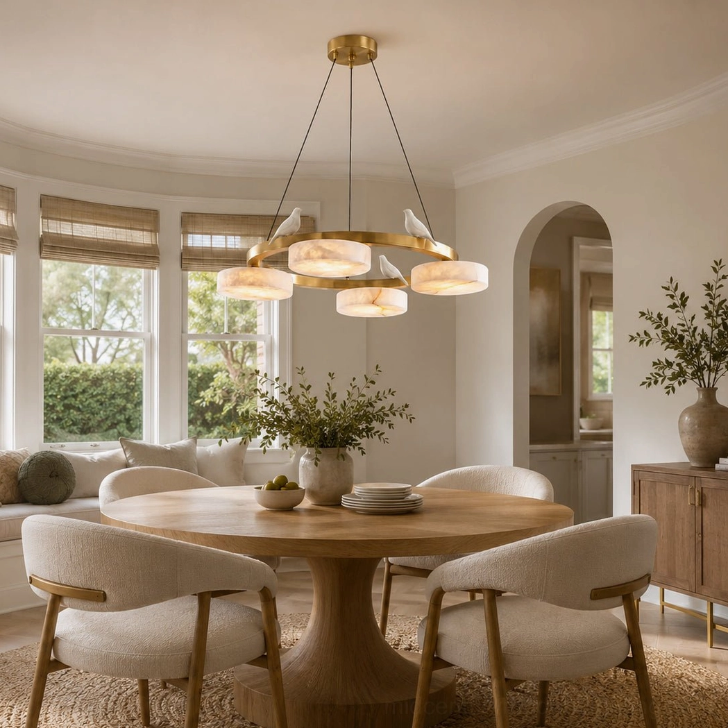 Sienna Bird Round Alabaster Chandelier suspended over round dining table in bay window dining room, brass finish