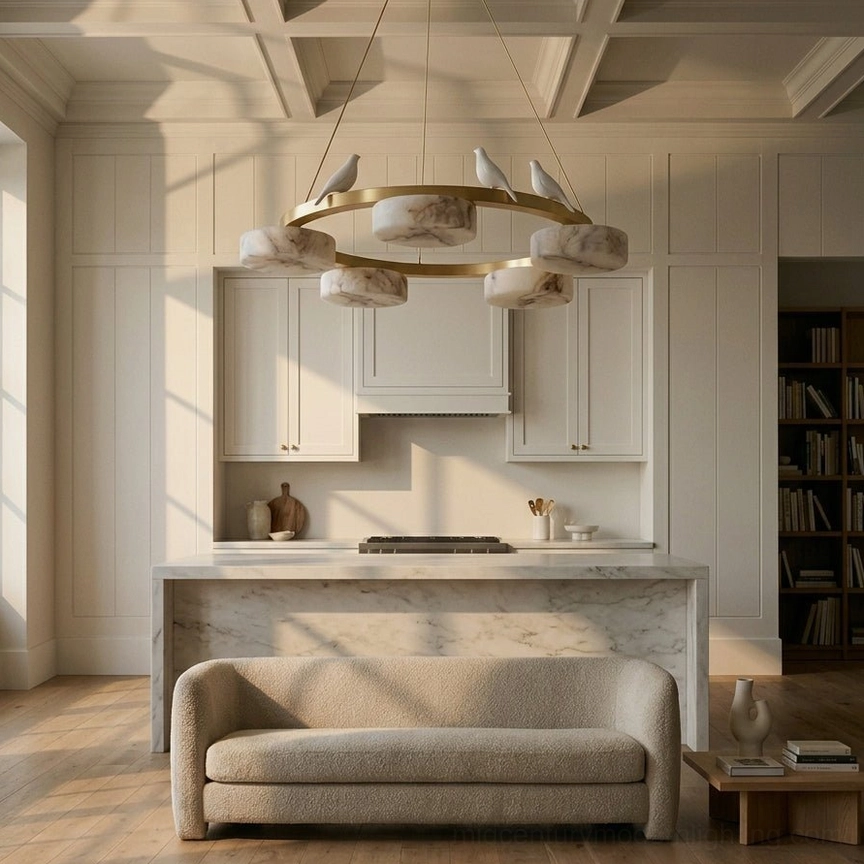 Sienna Bird Round Alabaster Chandelier sculptural bird accent perched above alabaster disc shade, material detail