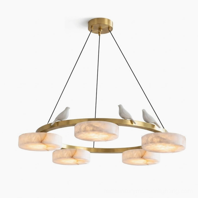 Sienna Bird Round Alabaster Chandelier installed in dining setting, warm ambient lighting through stone discs