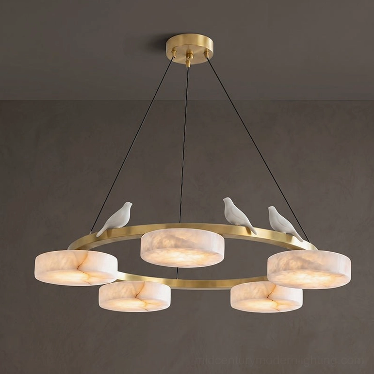 Sienna Bird Round Alabaster Chandelier five-head brass frame version, full product view with warm light glow