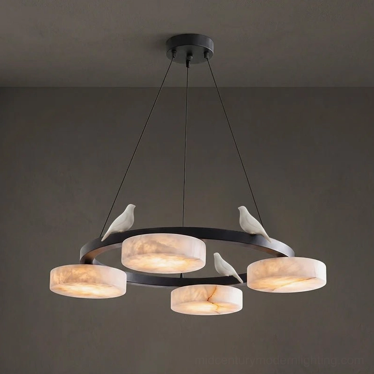 Sienna Bird Round Alabaster Chandelier four-head black metal frame, contemporary minimal aesthetic