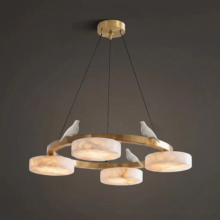 Sienna Bird Round Alabaster Chandelier four-head compact version, brass and white alabaster configuration