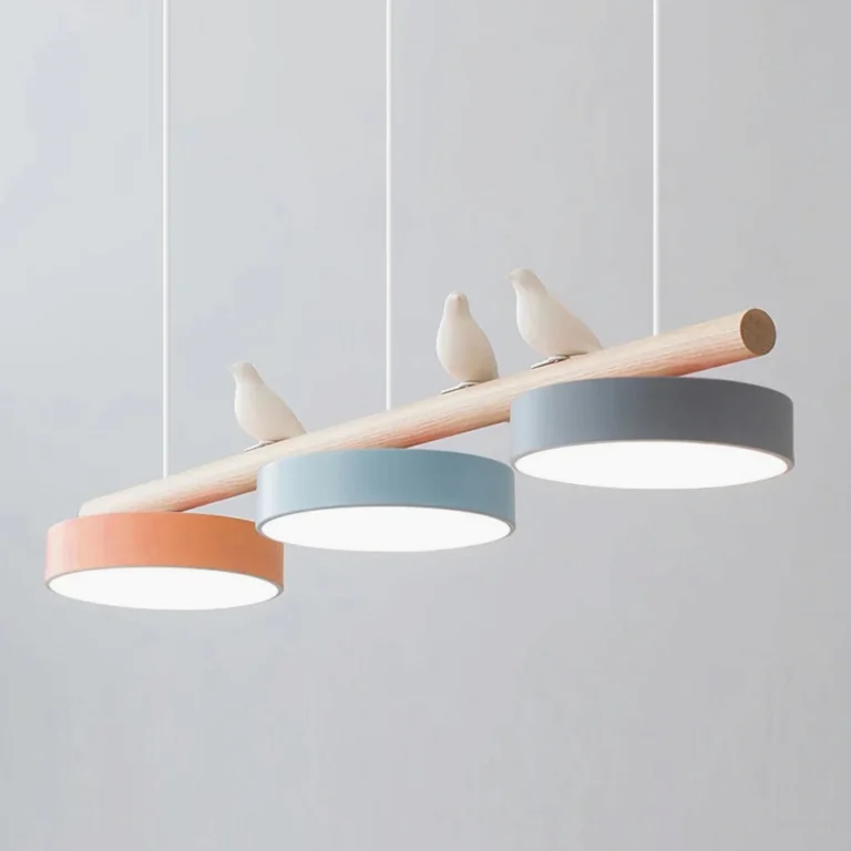 Larger bird pendant chandelier with extended linear bar and multiple ornaments