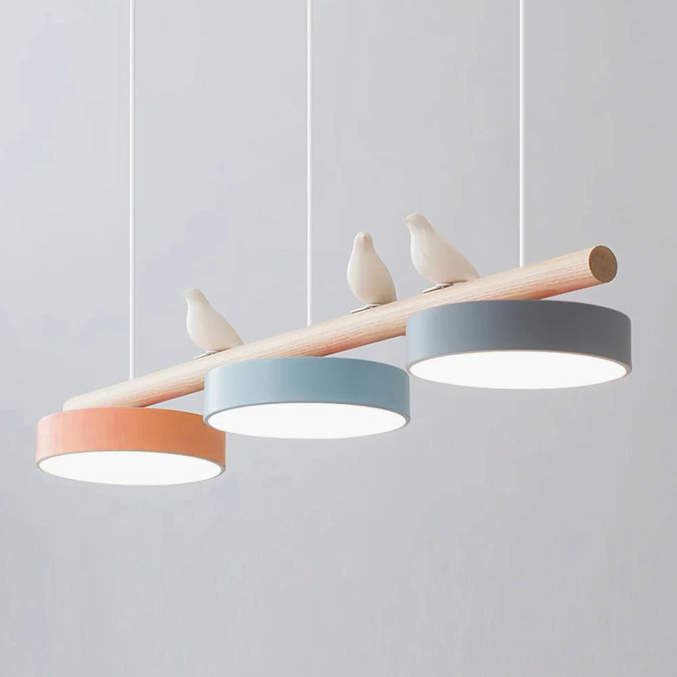 Larger bird pendant chandelier with extended linear bar and multiple ornaments