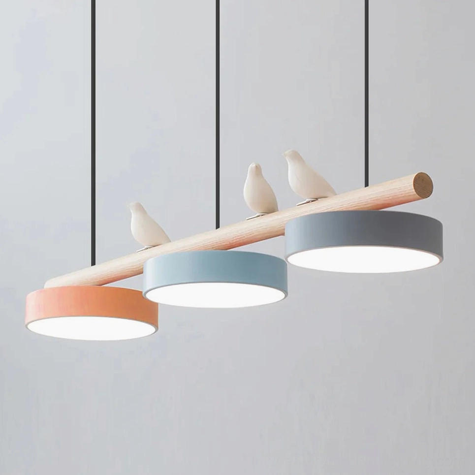 Sienna bird long chandelier featuring orange pink blue and gray color combination options