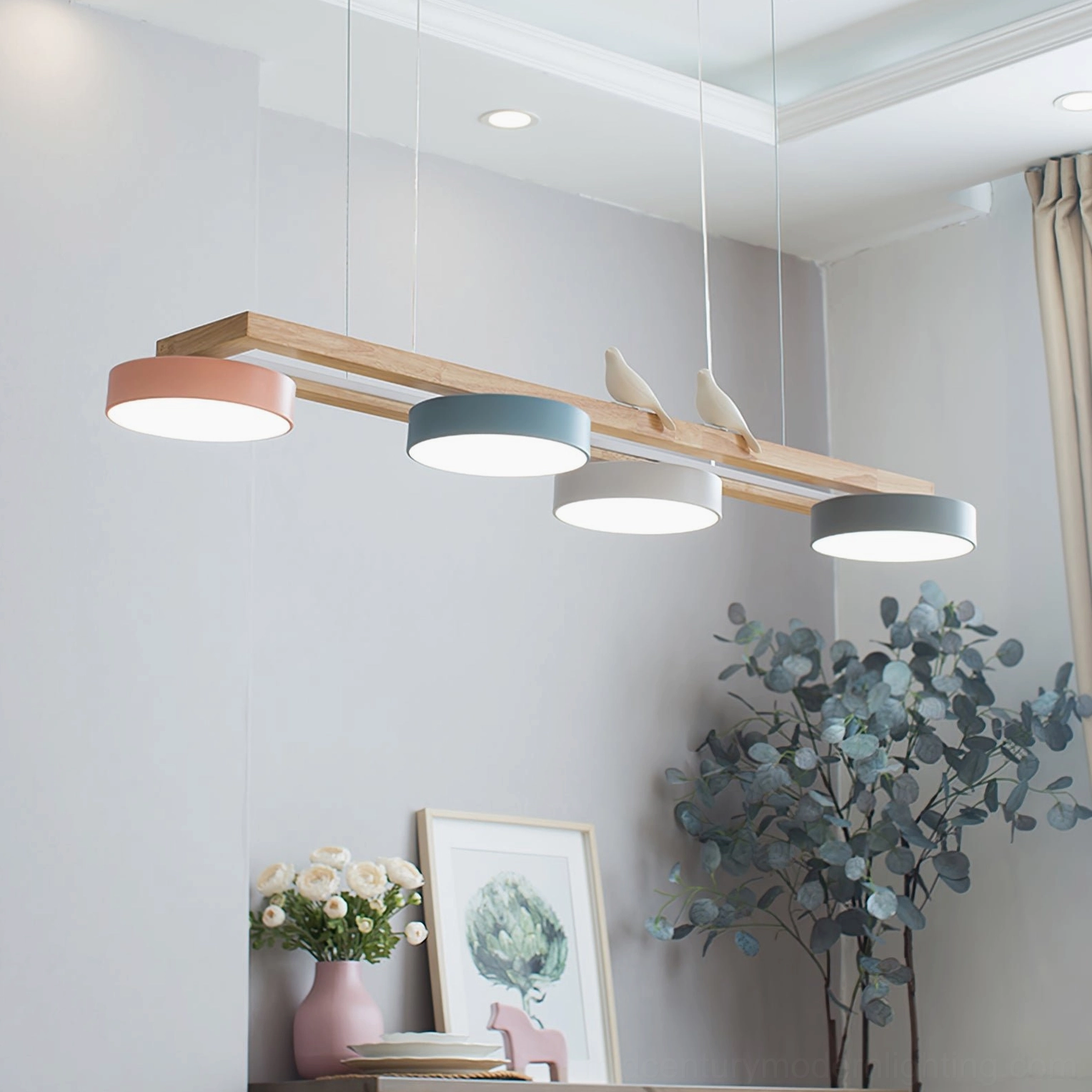 Multi-color pastel Sienna Bird Linear Chandelier in Scandinavian modern dining nook