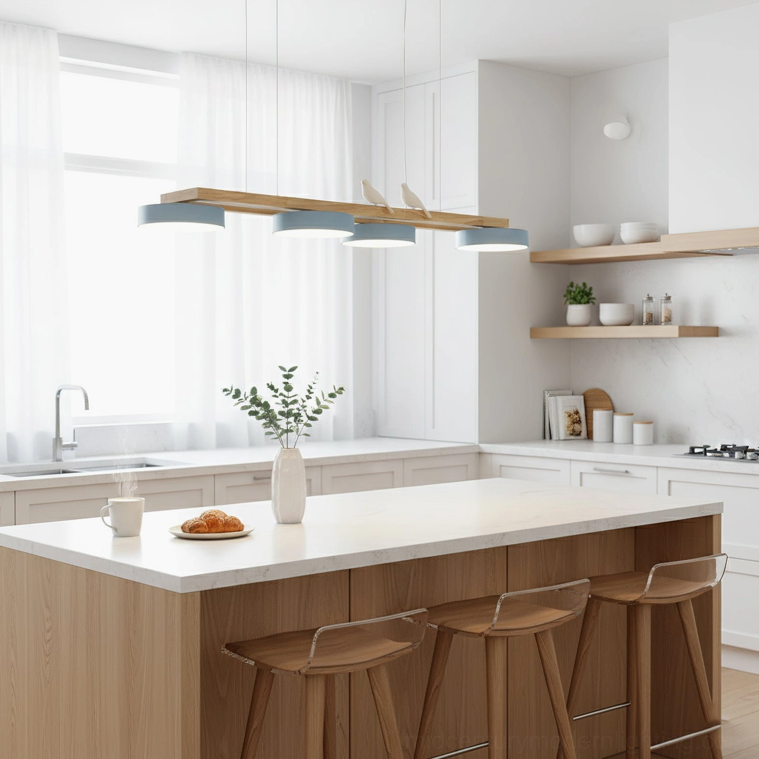 Sienna Bird Linear Chandelier full product view with geometric wooden frame in natural finish