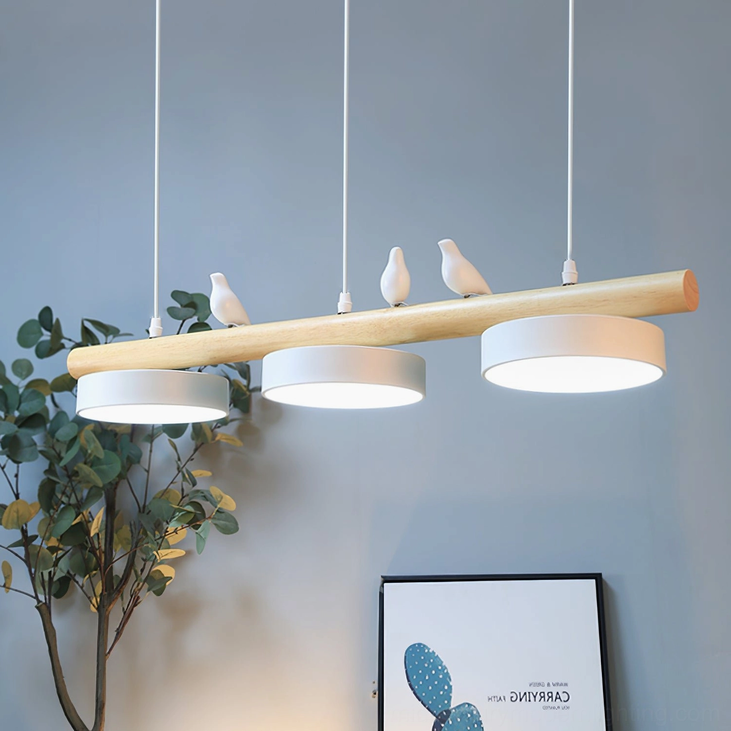 Bird pendant fixture with multiple adjustable resin bird ornaments along linear bar