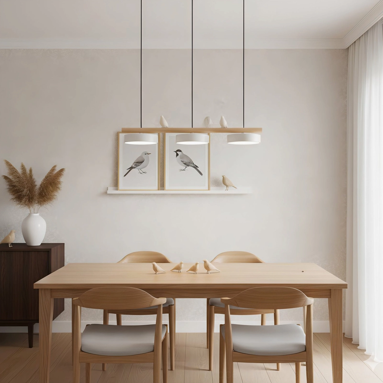 Mid-century modern pendant lamp finish palette showing wood natural blue and gray options