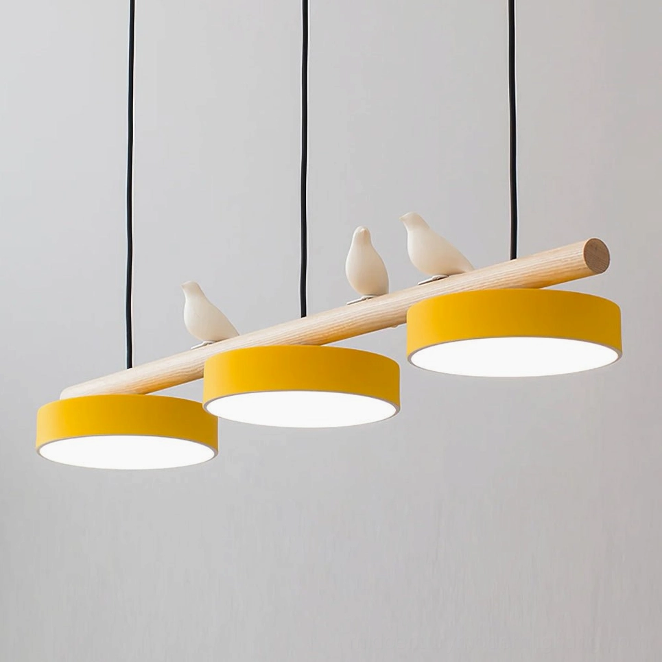 Linear pendant with adjustable resin birds in golden yellow finish option