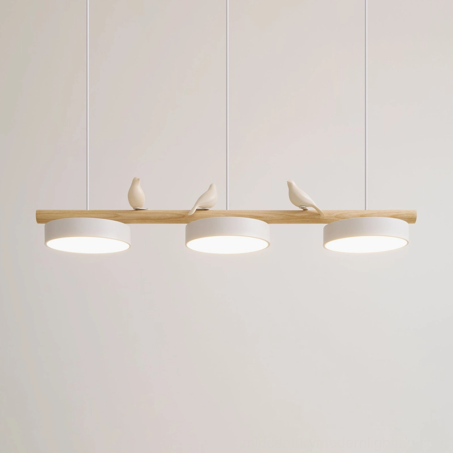 Modern linear pendant with resin birds installed in home interior lighting application