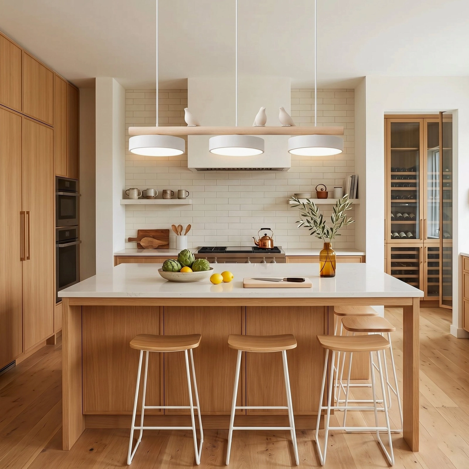 Resin bird pendant hanging above modern minimalist kitchen island with warm wood design