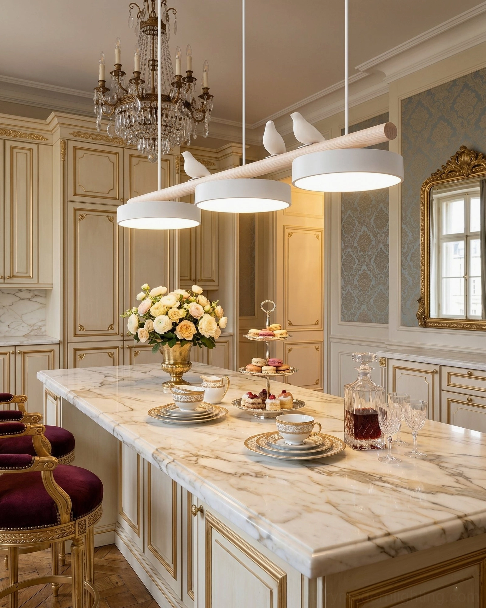 Modern pendant light with bird motifs installed above marble kitchen counter in luxury classical dining space