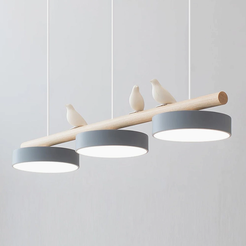 Mid-century modern pendant light with resin bird sculptures and metal bar frame