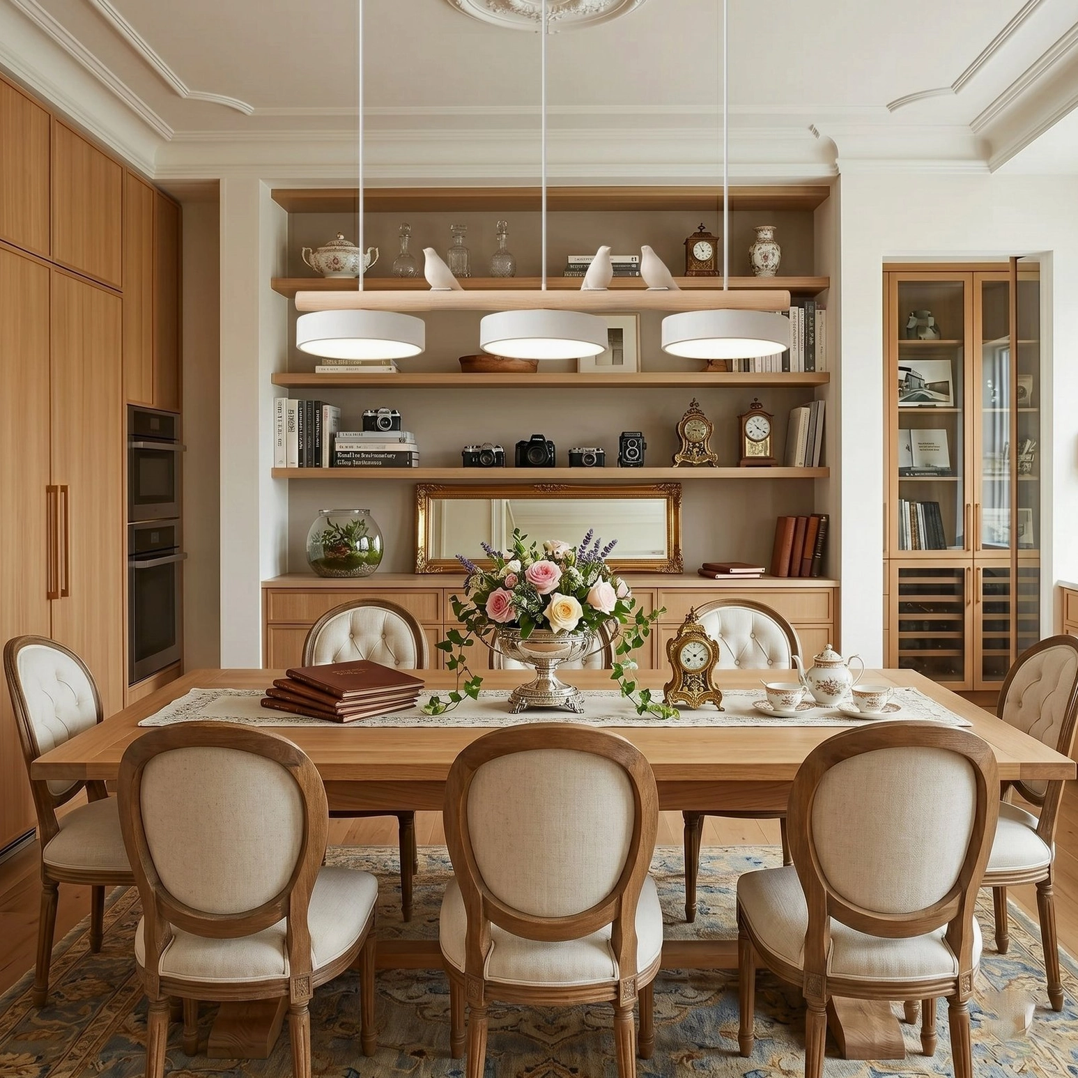 Mid-century modern bird pendant fixture in neoclassical dining room with upholstered chairs and shelving