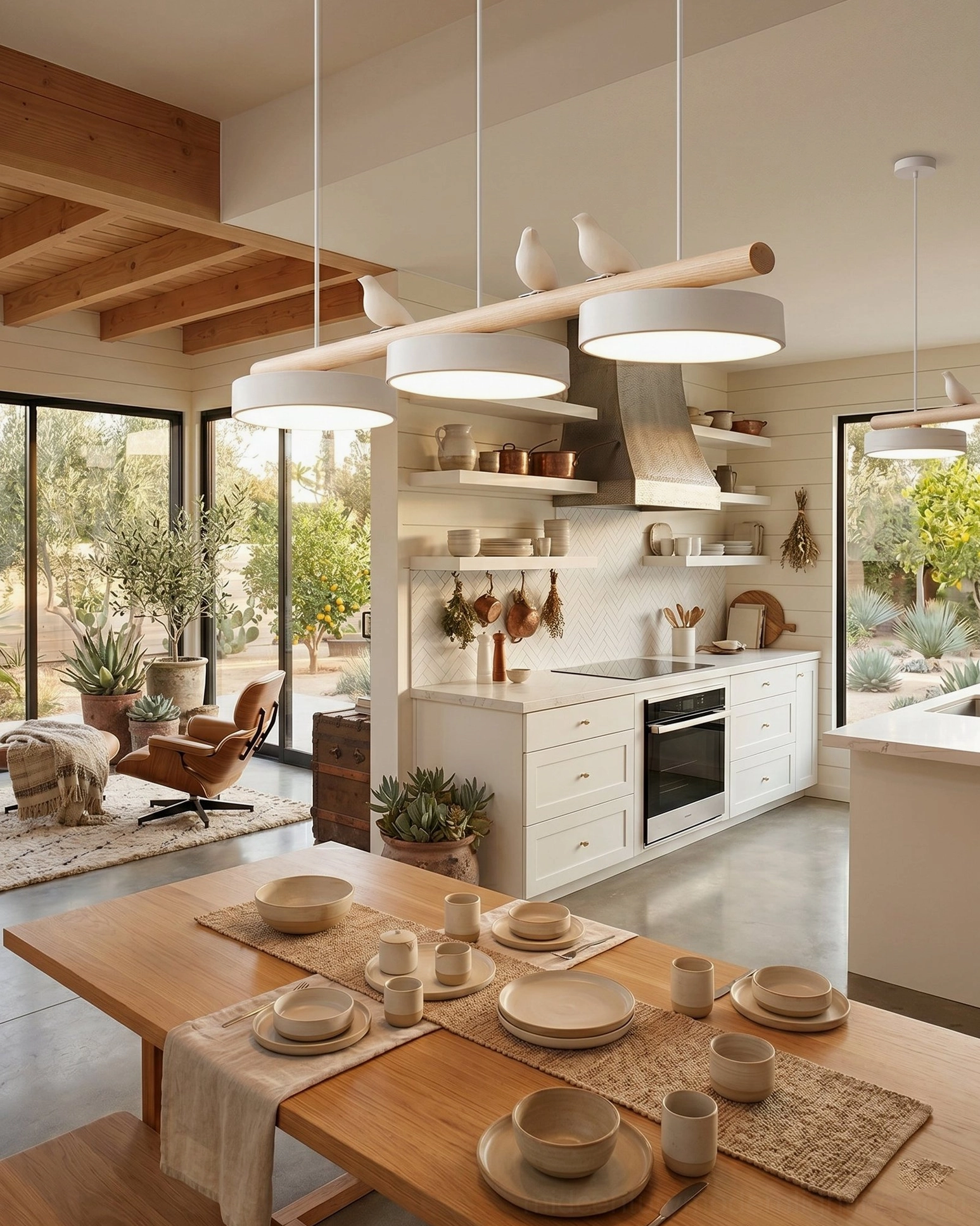 Contemporary bird pendant lamp in open-plan kitchen-dining space with wooden ceiling beam and natural light