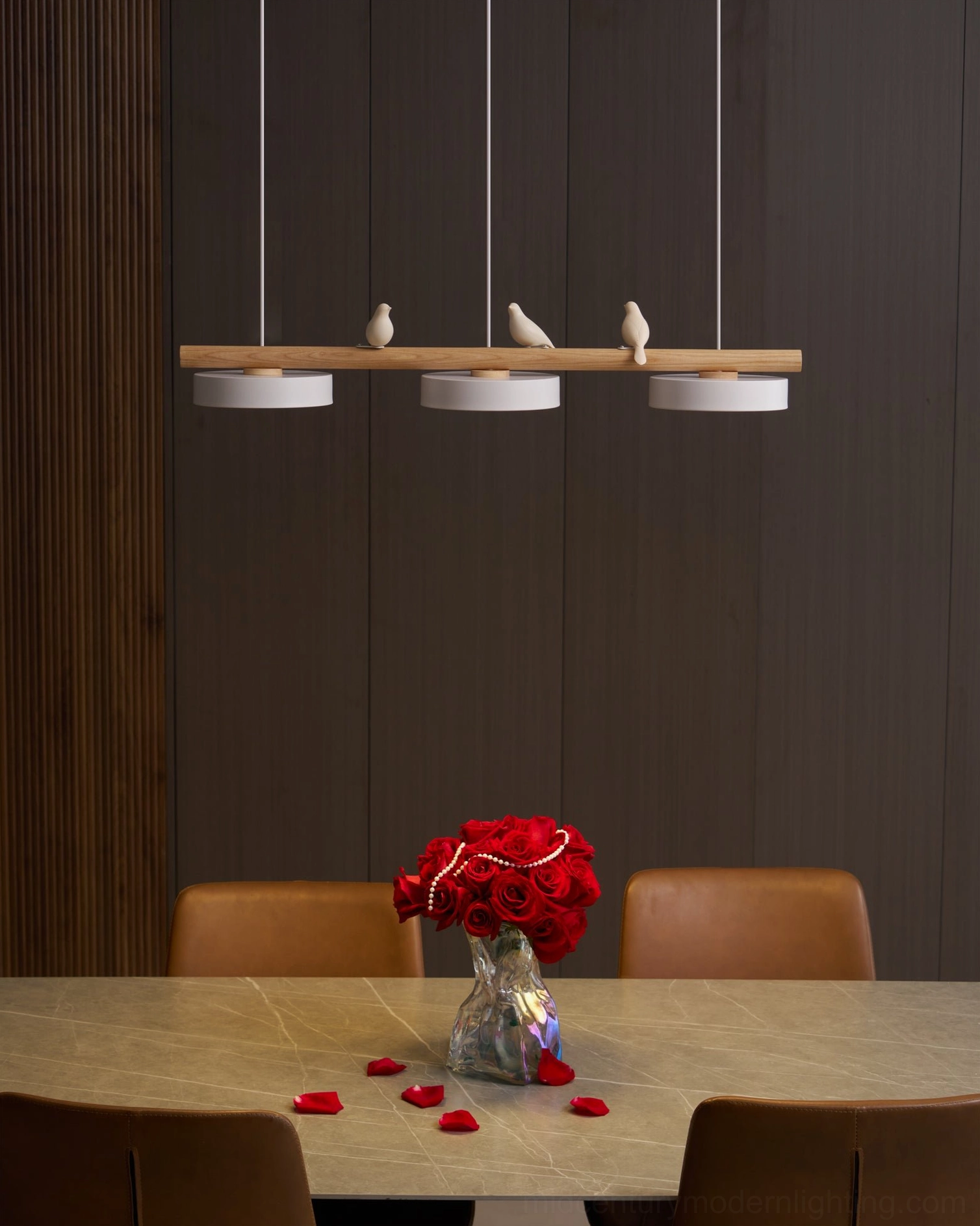 Mid-century modern bird pendant fixture showing detail of resin bird craftsmanship