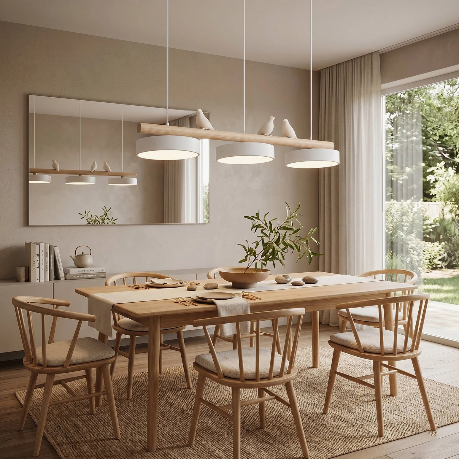 Contemporary bird pendant lamp in Nordic rustic dining room with wooden furniture and natural window light