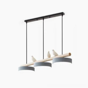 Sienna Bird linear pendant lamp with adjustable resin birds on metal bar, studio front view with clean white background