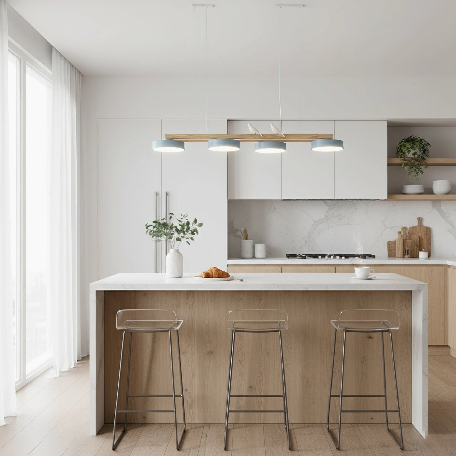 Sienna Bird Chandelier mounted above dining area showing warm LED illumination and bird accents