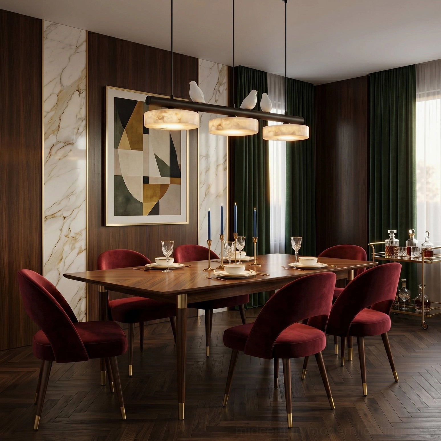 Luxury formal dining room with gold bird alabaster chandelier above dark wood table