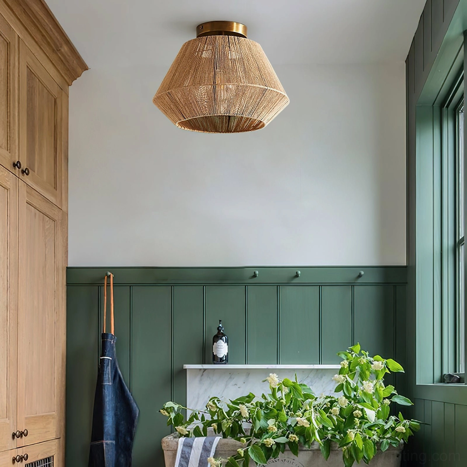 Sierra hand-woven rattan ceiling light with brass-gold hardware showcasing natural bohemian design