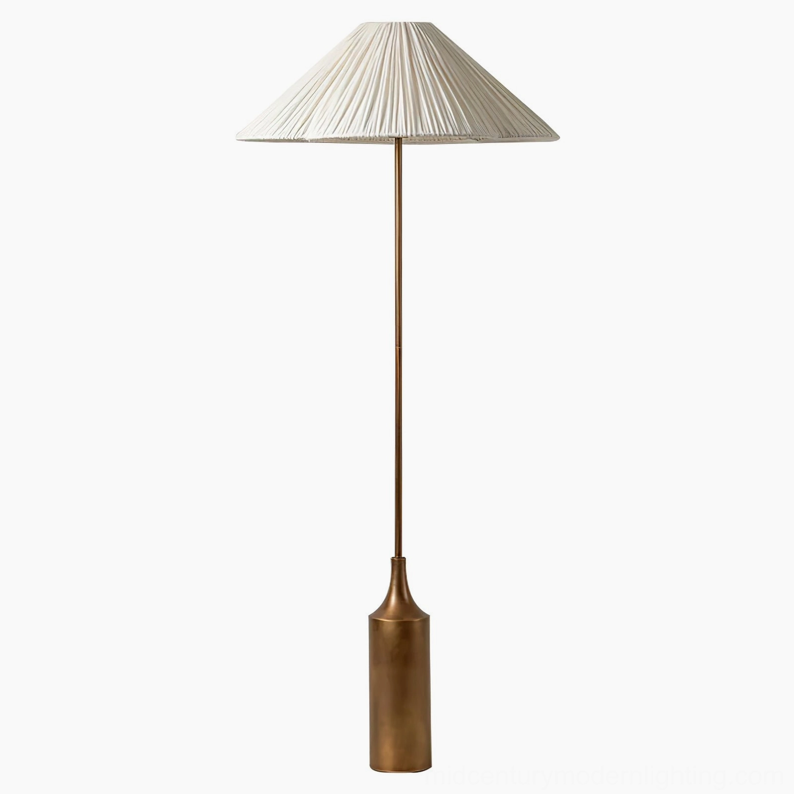 Sierra modern floor lamp, low-angle front view, emphasizing the compact bronze base, thin metal pole, and pure white conical pleated shade silhouette