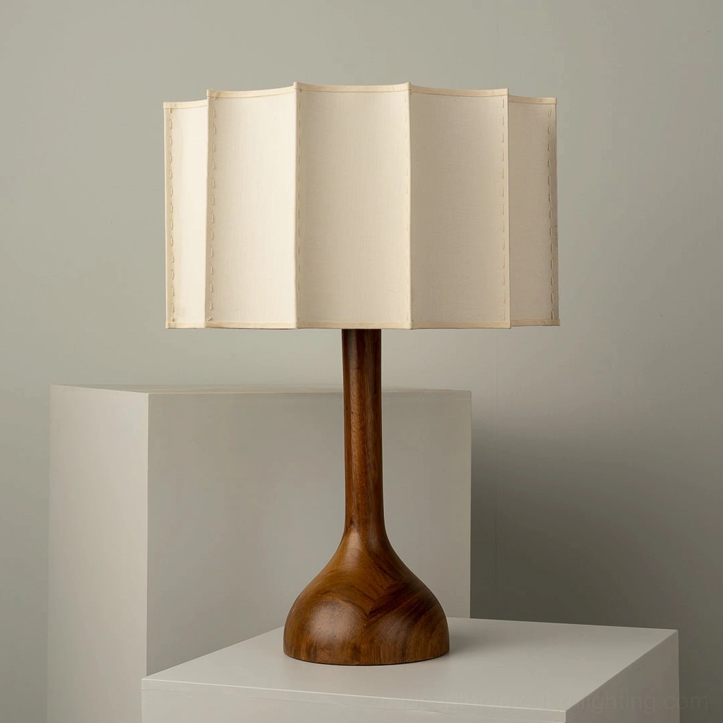 Sierra table lamp mid-century modern design with solid walnut base and soft pleated fabric shade front view