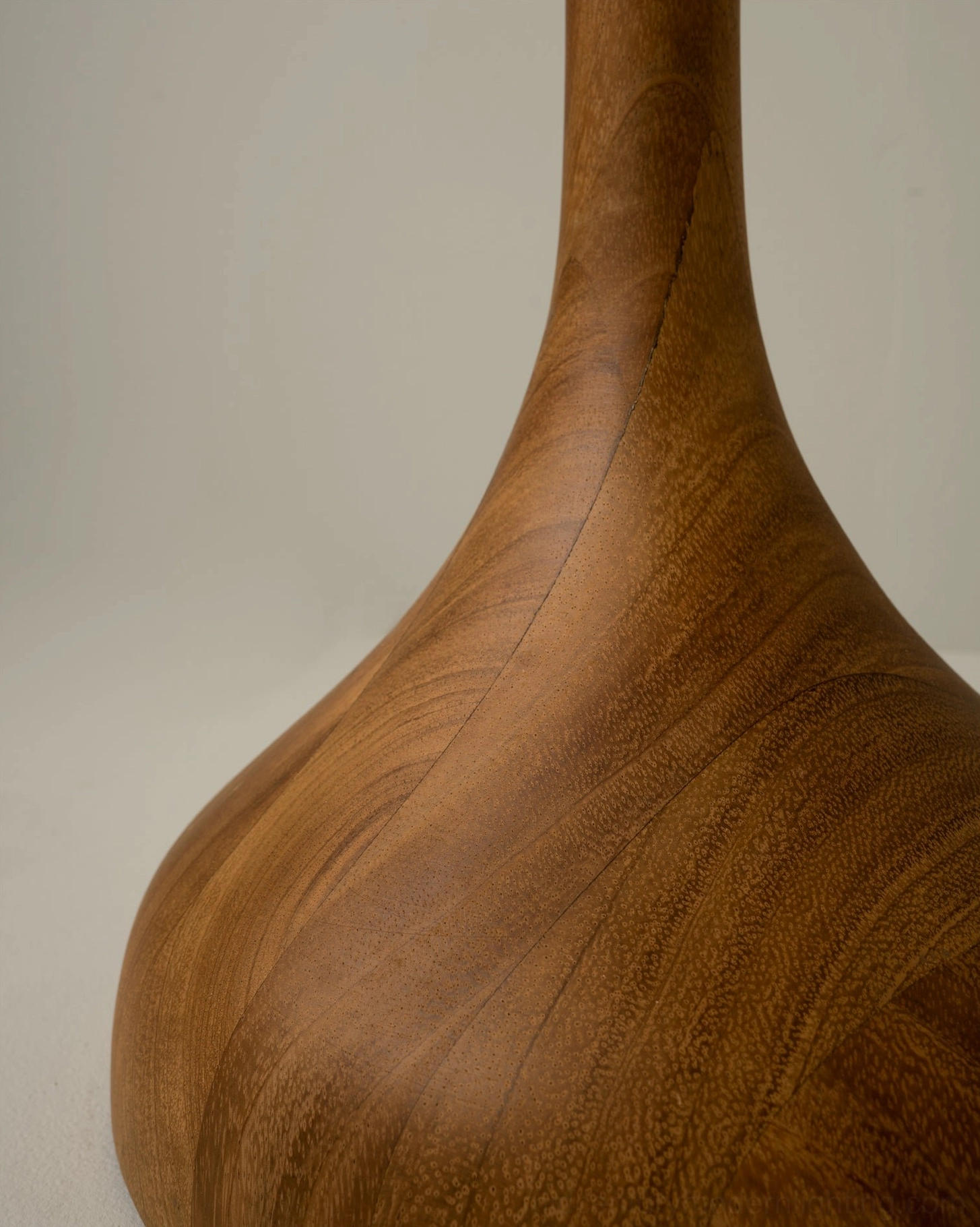 Detail view of Sierra mid-century modern table lamp walnut wood base showing natural grain and turned sculptural form