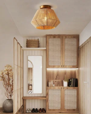 Sierra ceiling light installed in rustic farmhouse entryway with wooden cabinets and warm neutral decor