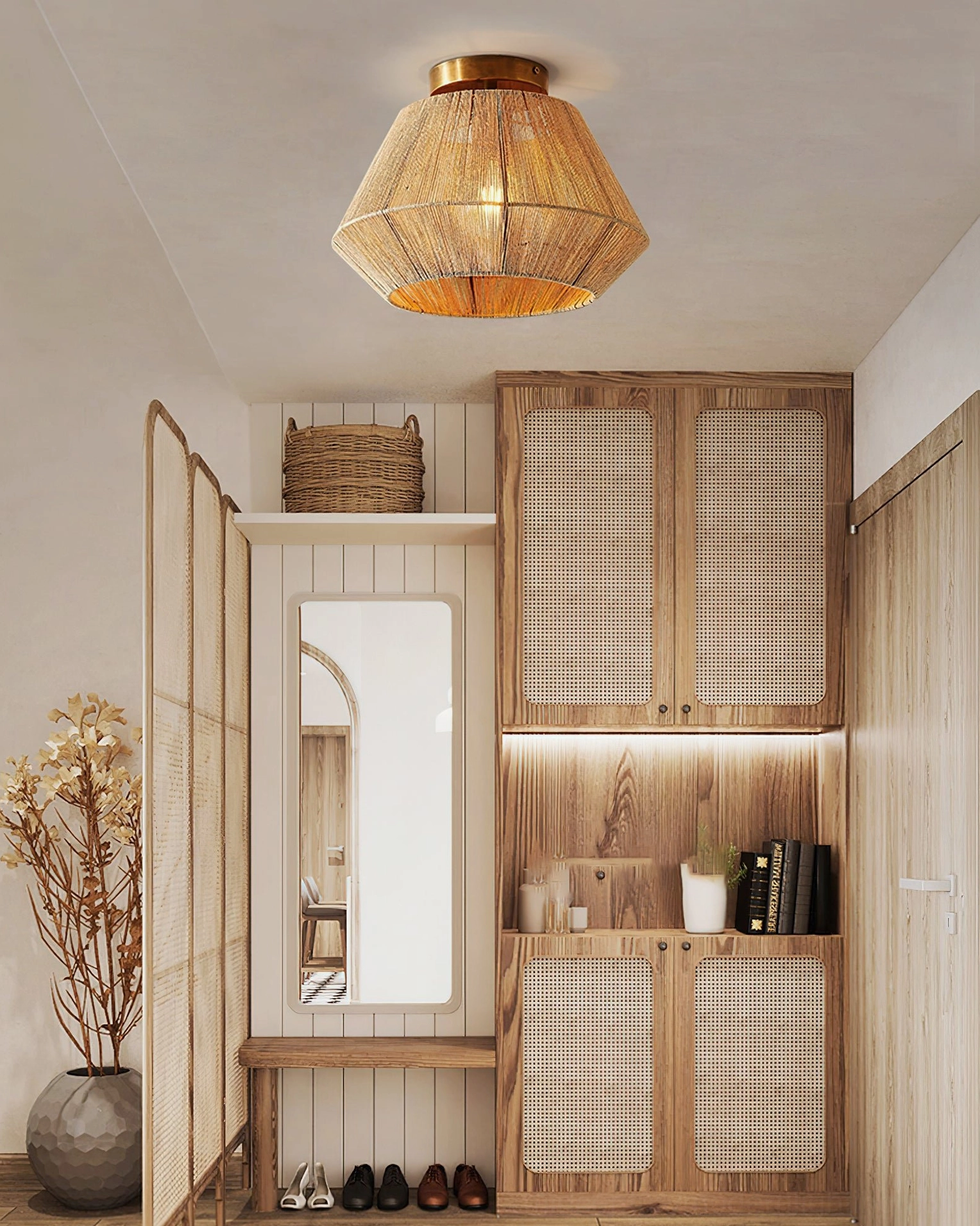 Sierra ceiling light installed in rustic farmhouse entryway with wooden cabinets and warm neutral decor