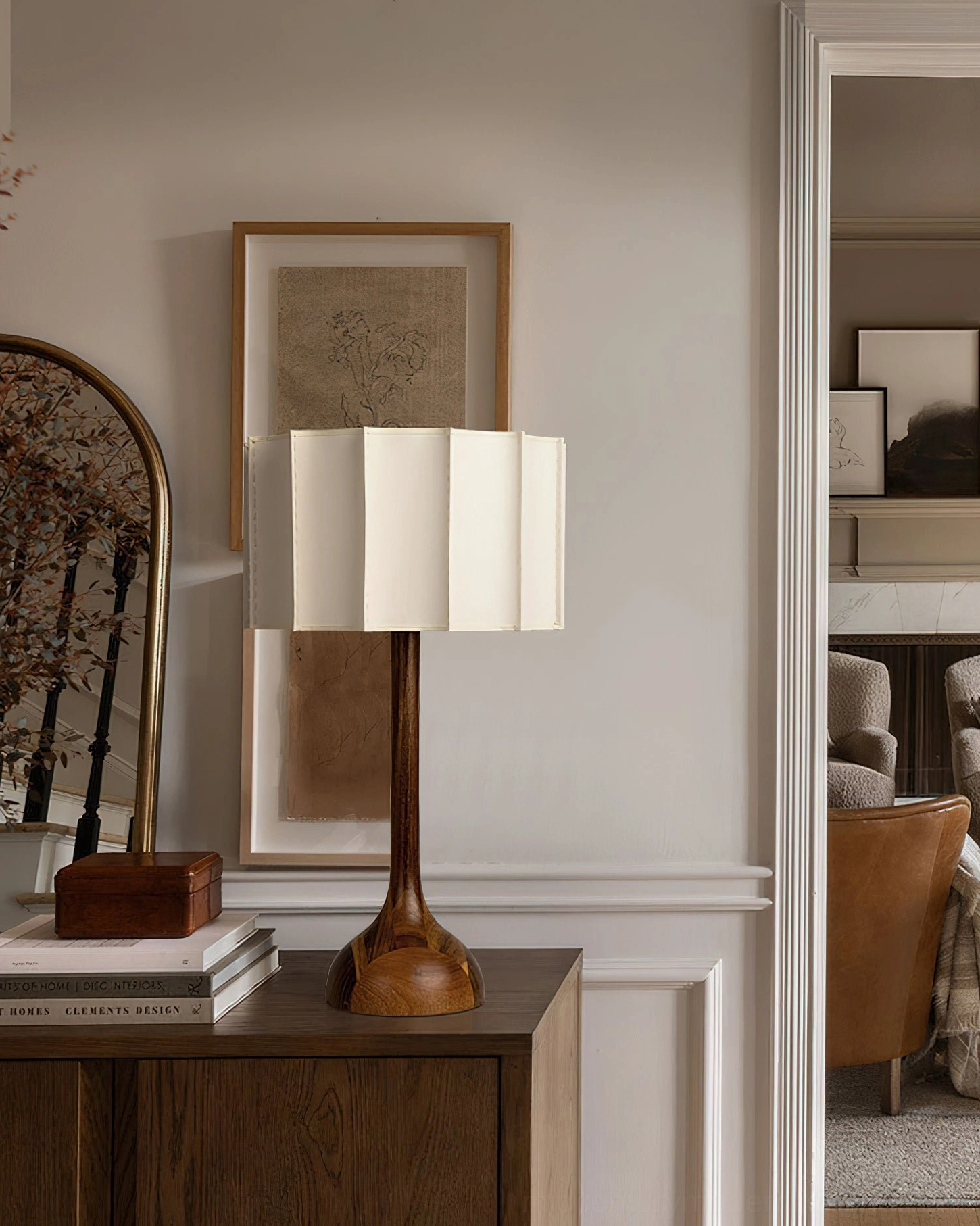 Sierra wooden table lamp on bedroom side table with wall art creating vintage mid-century modern bedroom ambiance