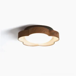Sika organic petal ceiling lamp with walnut wood frame and matte white diffuser, overhead view on studio white background