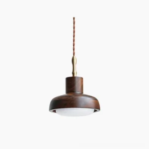Silas walnut pendant light with twisted brass-trimmed cord, direct front view showcasing solid wood grain and geometric dome profile