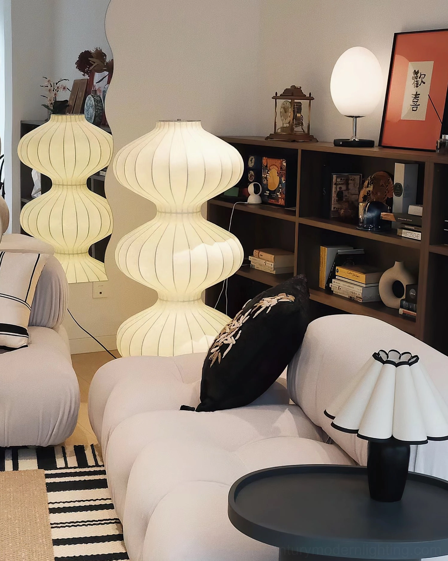 Minimalist white silk gourd floor lamp in neutral modern interior design setting