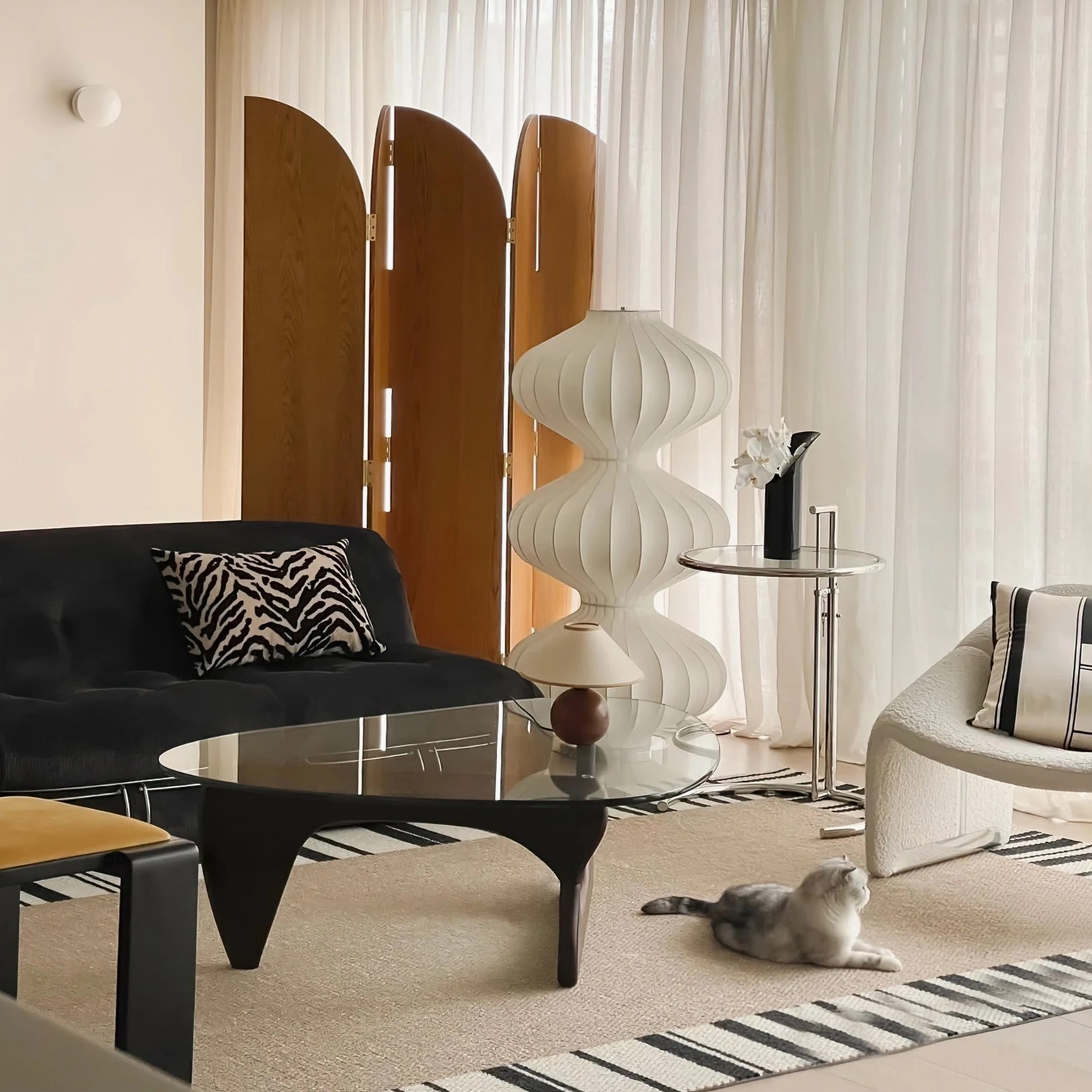 Silk gourd floor lamp in modern luxury living room, wide panoramic view showing room integration