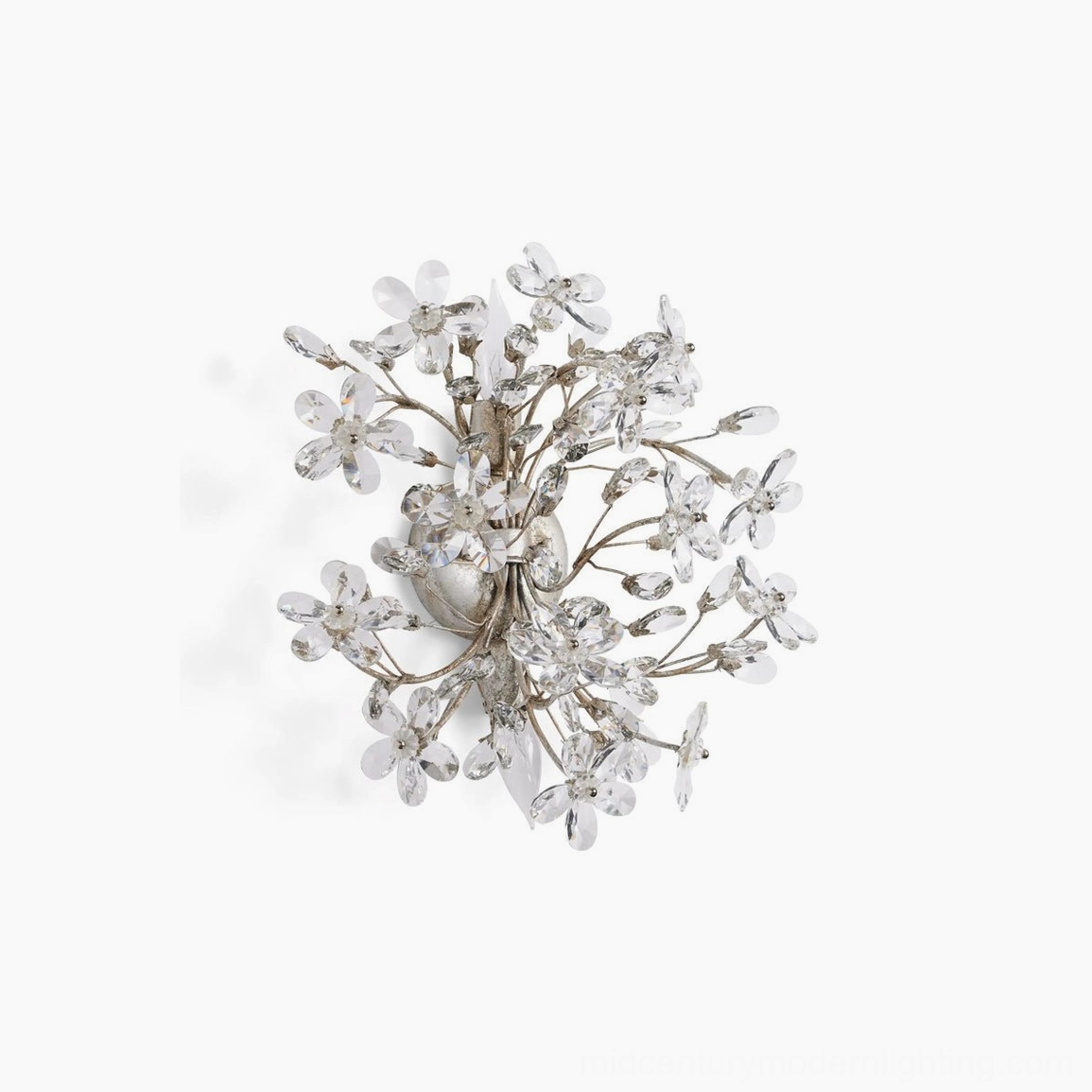 Silver crystal flower wall sconce overhead view, clean studio background showcasing polished metal base and clear faceted crystal design