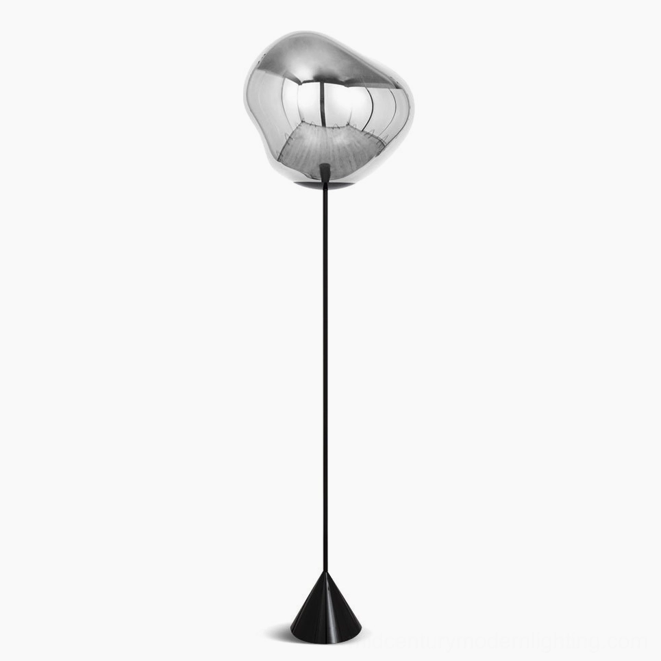 Silver Lava Slim Floor Lamp with molten glass shade, minimalist modern floor lighting in studio setting