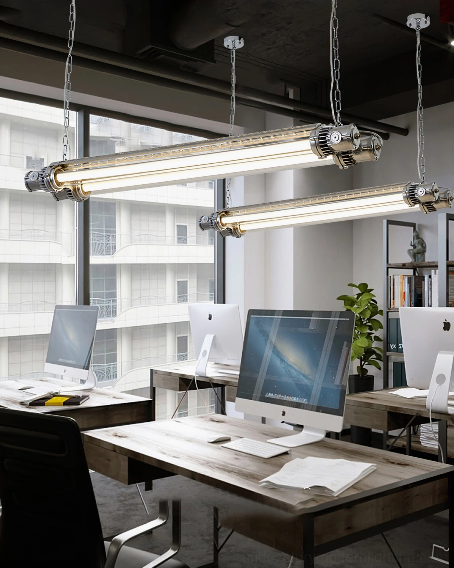 Silver tube industrial pendant light fixture mid-century modern design minimalist ceiling mounted