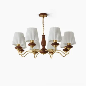 Simone wood and brass 6-light chandelier with pleated white shades, front studio view showing sculptural walnut column and curved brass arms