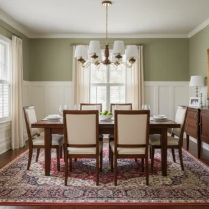 Simone 6-head chandelier installed above formal dining room table, warm Edison bulbs illuminate pleated shades in traditional interior