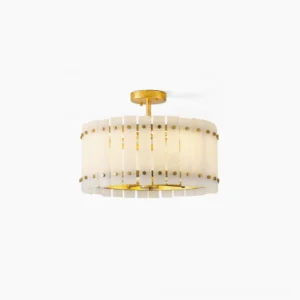 Sinclair alabaster semi-flush ceiling light front overhead view showcasing vertical alabaster panels with natural veining and brass frame details