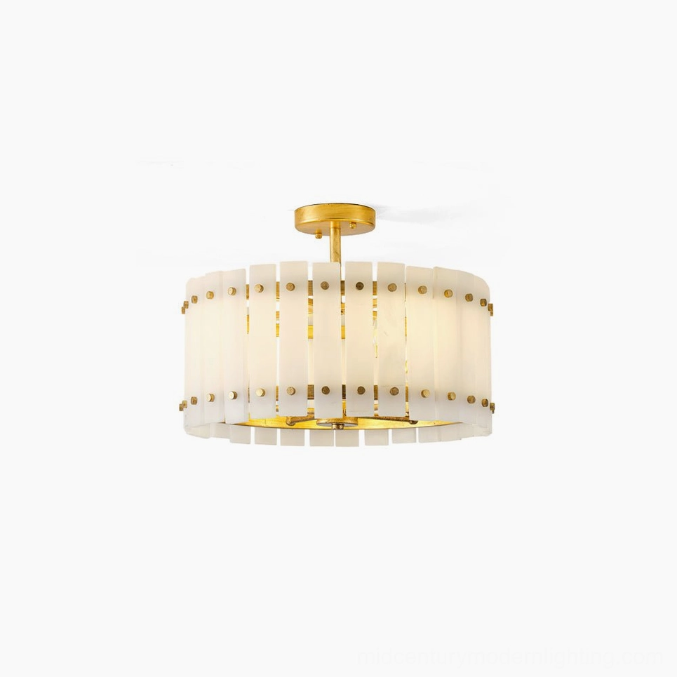 Sinclair alabaster semi-flush ceiling light front overhead view showcasing vertical alabaster panels with natural veining and brass frame details
