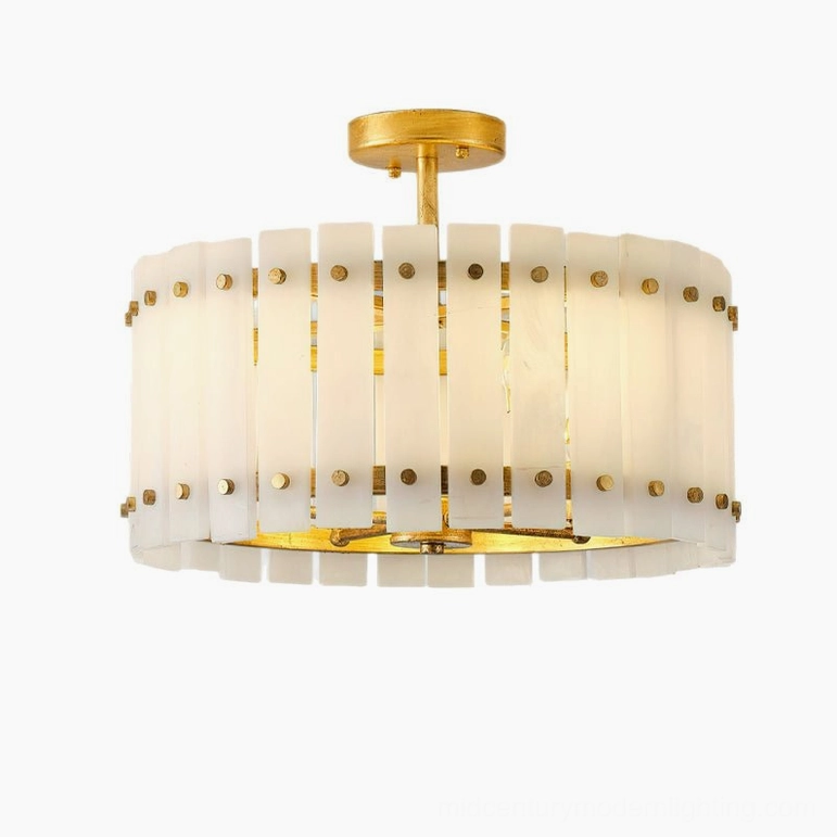 Sinclair alabaster semi-flush ceiling light flat front view showing neat brass-accented vertical slat composition and gold white finish