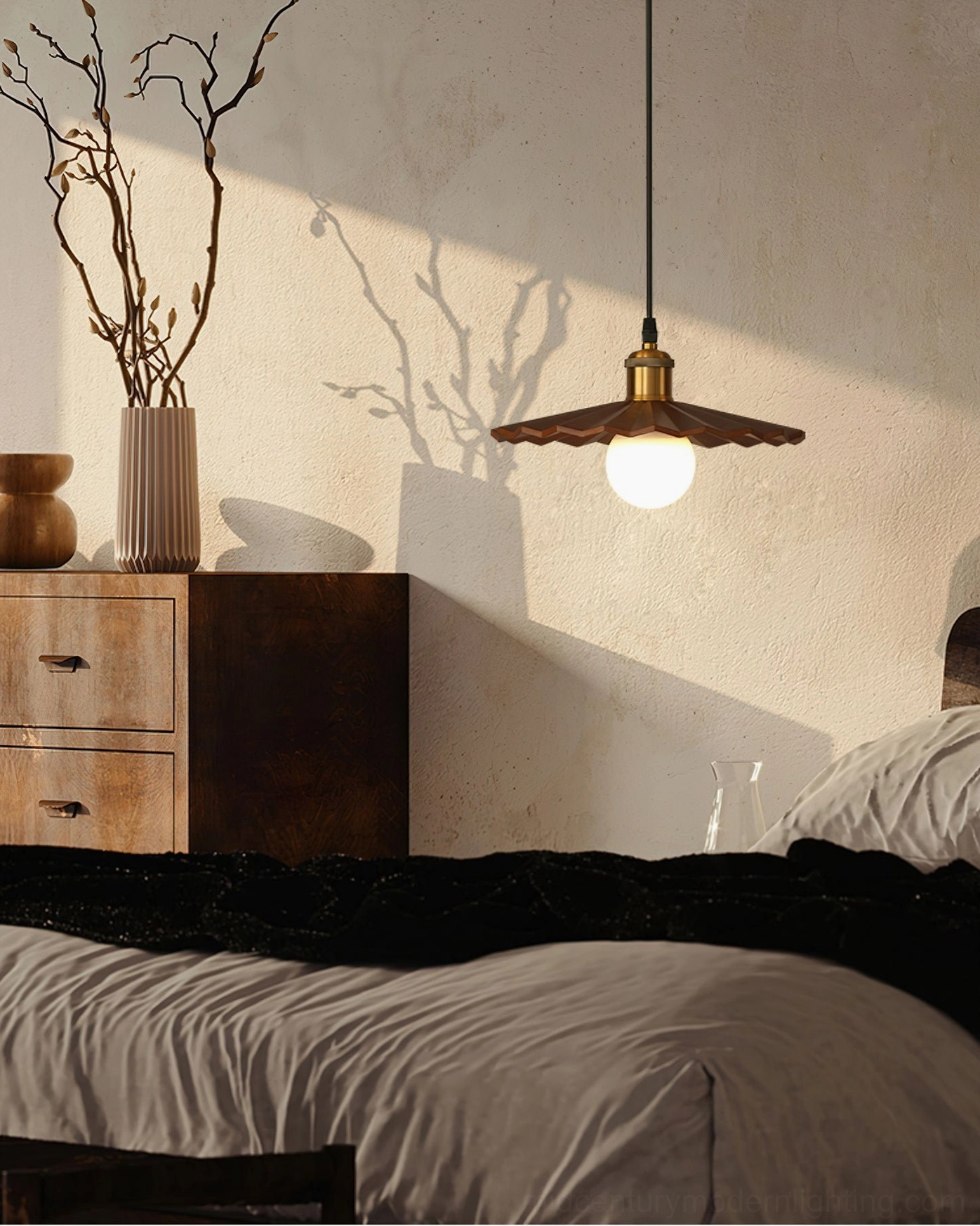Single geometric wood pendant light in warm minimalist bedroom with dried floral decor and neutral bedding - wabi-sabi bedroom design