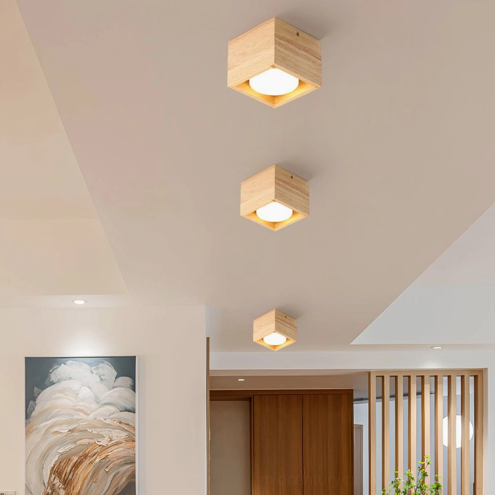 Single-head wooden flush mount ceiling light in minimalist setting, emphasizing clean Nordic design lines