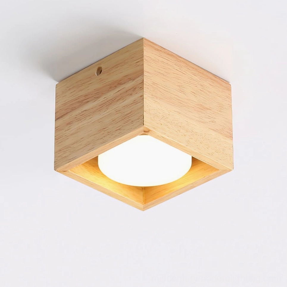Single-head solid wood square ceiling lamp with white diffuser, close-up view demonstrating minimalist Scandinavian aesthetic