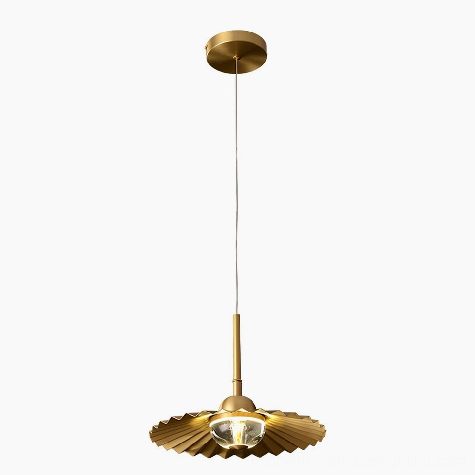 Single plié brass pendant lamp available in warm and cool light temperature options for customizable ambiance