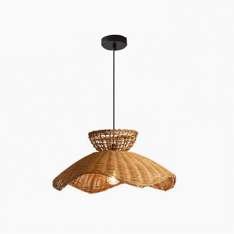 Single rattan pendant light, overhead studio view showing sculptural scalloped form and natural brown rattan
